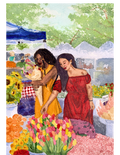 a painting of two women looking at flowers at the farmers market