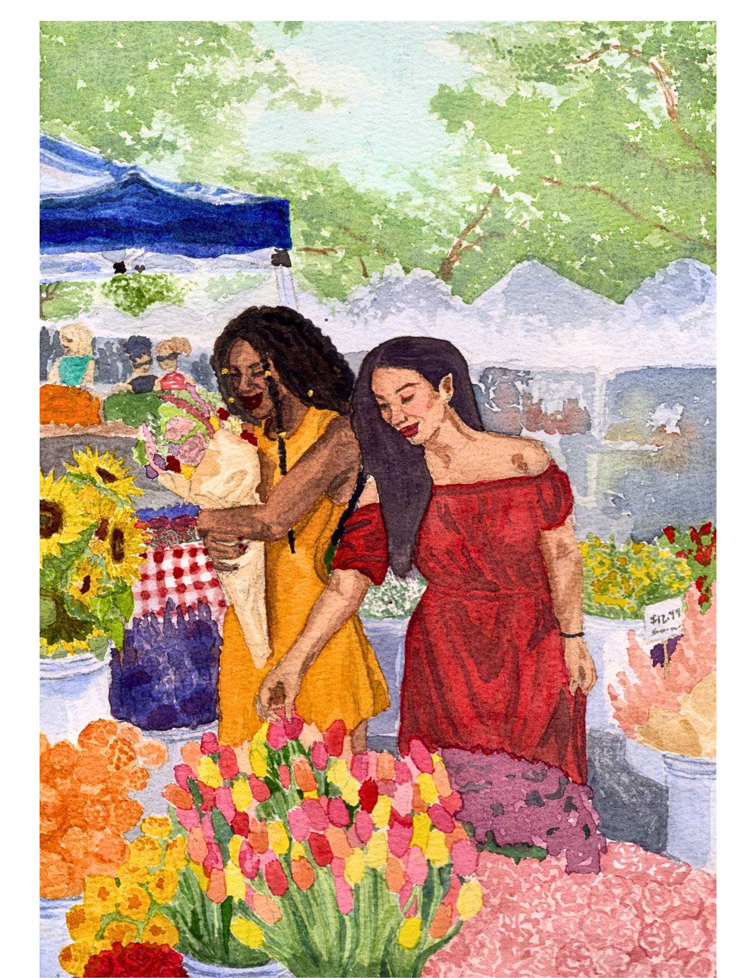 a painting of two women looking at flowers at the farmers market