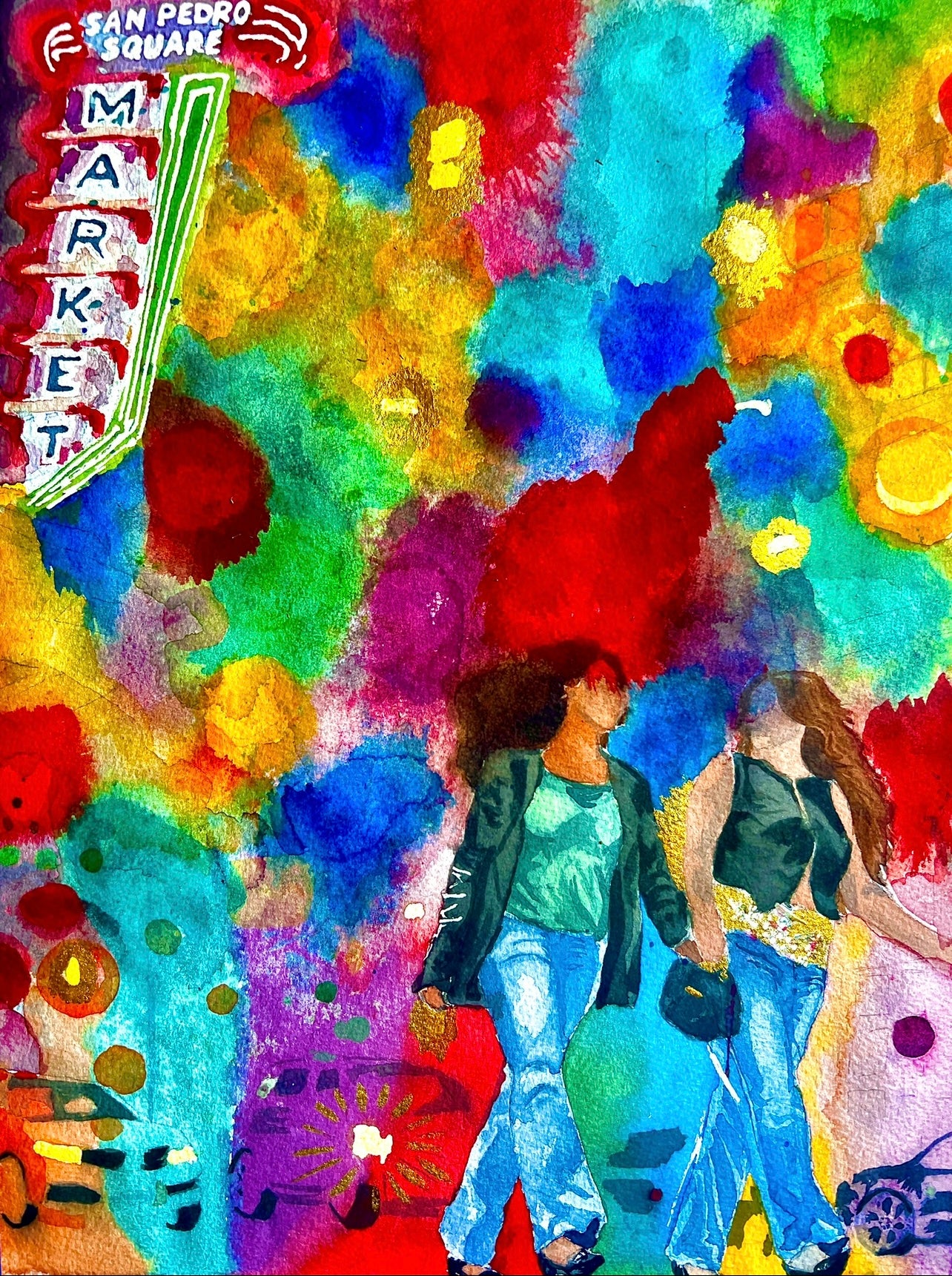 Colorful artwork of two people walking with a 'San Pedro Square Market' sign in the background.