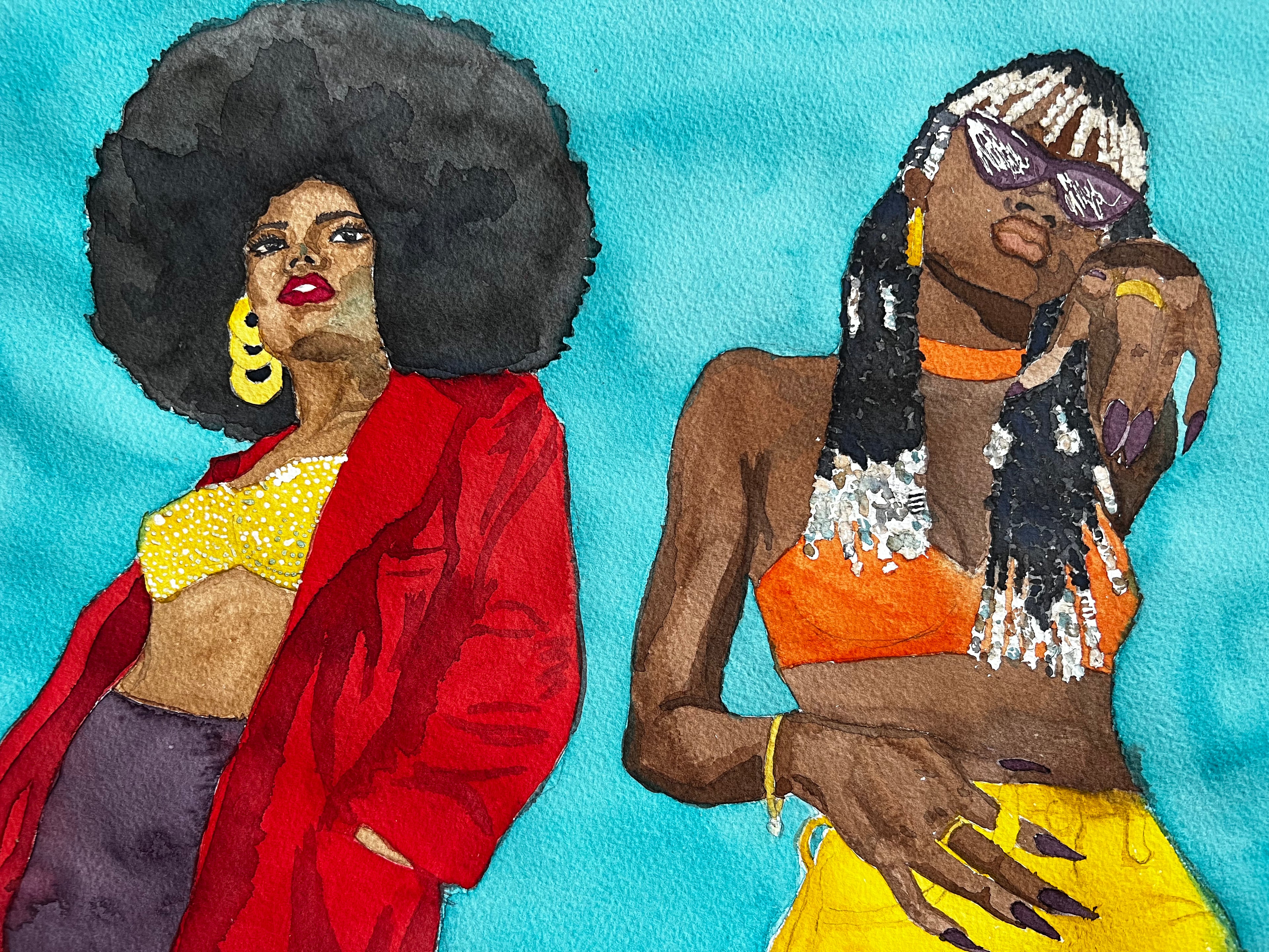 watercolor painting of two girls blue background