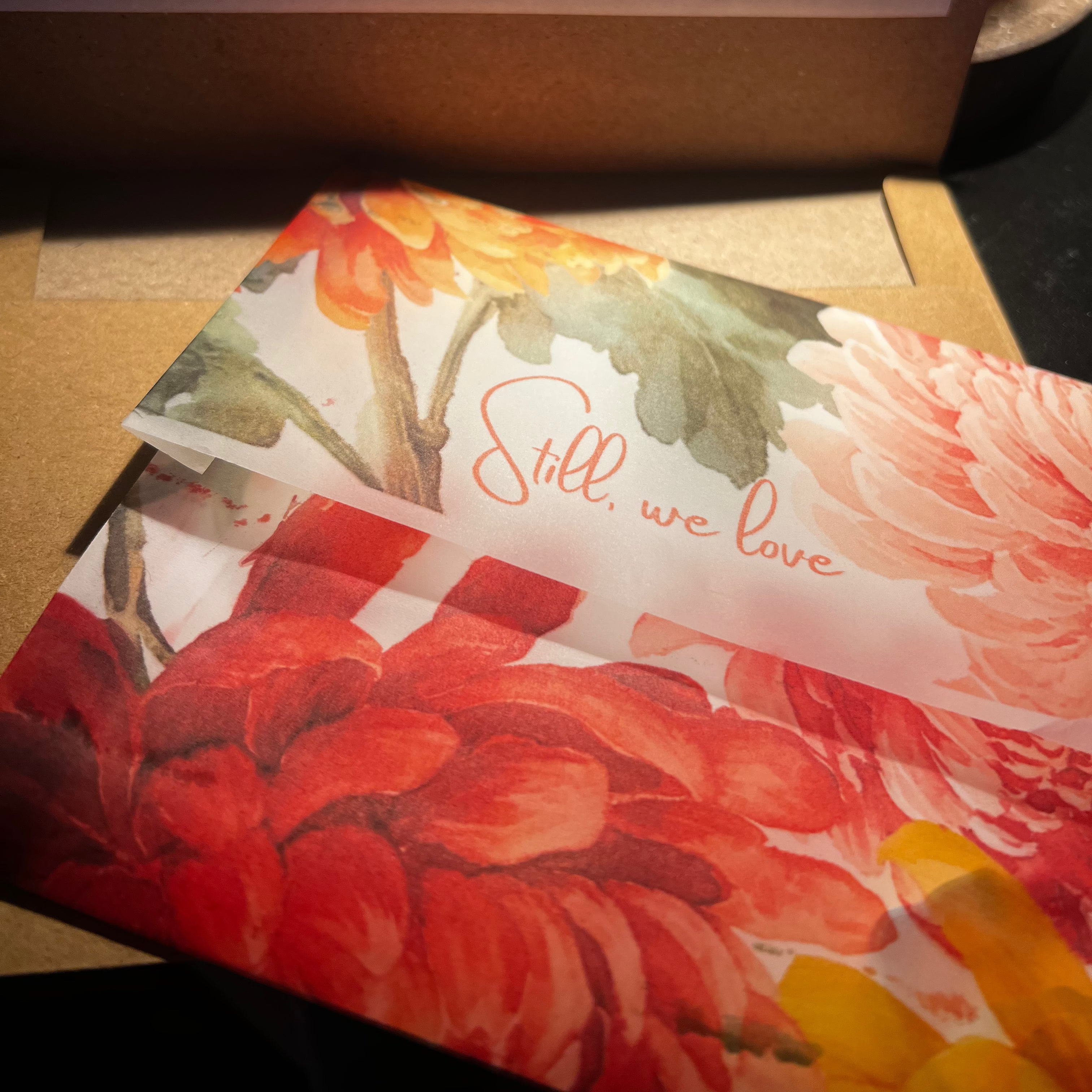Floral tissue paper, brown envelope in background