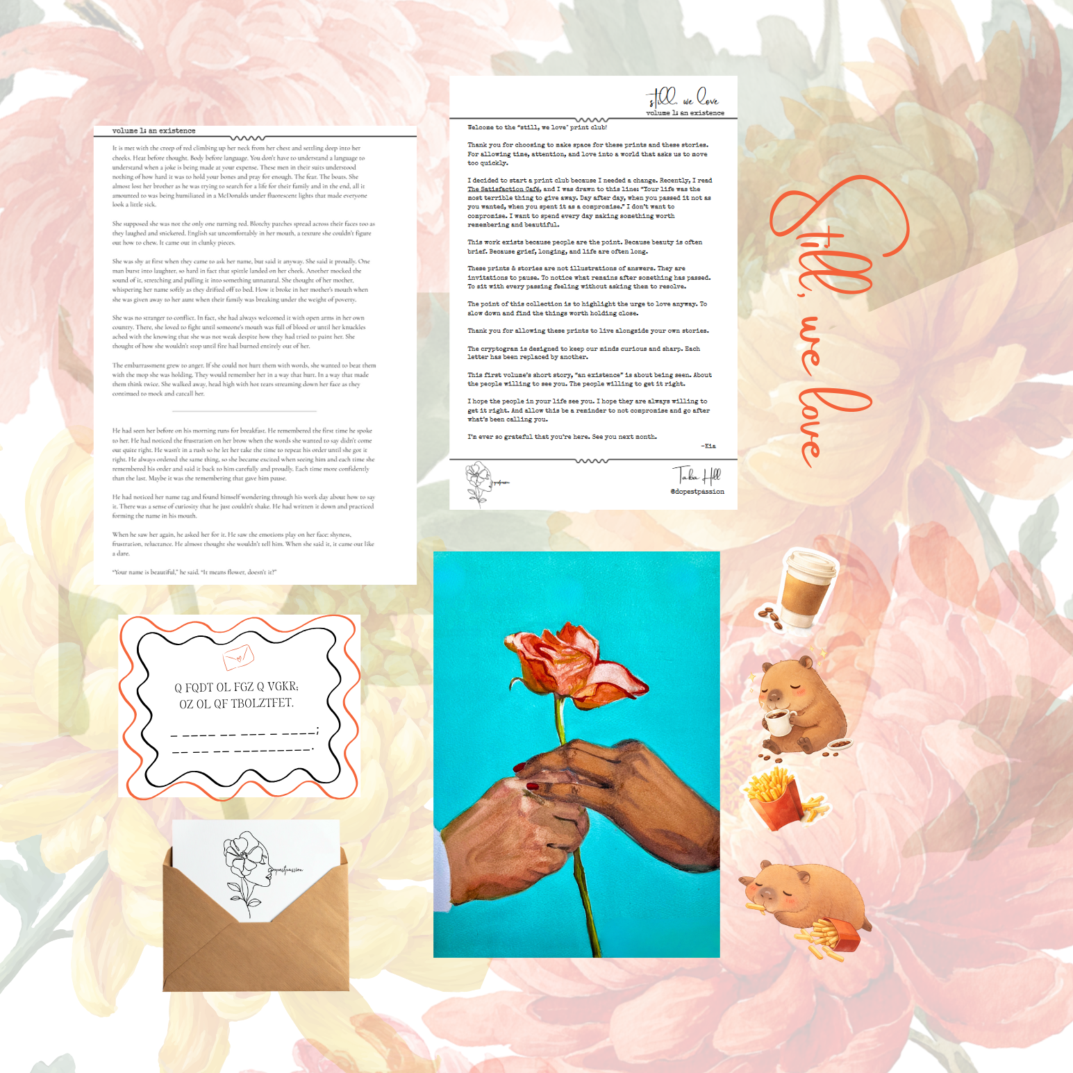 Snail mail product with painted watercolor hands, letters, and stickers. 