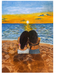 Two people sitting on a beach at sunset, facing the ocean.