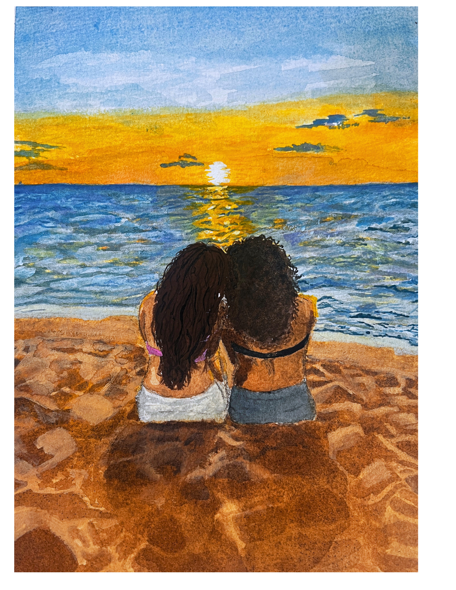 Two people sitting on a beach at sunset, facing the ocean.