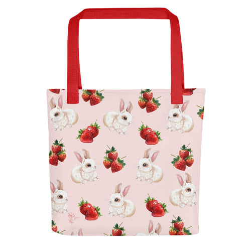 Product mockup of a bunny tote with strawberries. red handle