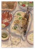 A watercolor-style painting of a seafood dinner table setting, featuring a whole cooked fish on a platter with lemon slices, a lobster, bowls of salad and soup, a wine glass, and a tablecloth background.