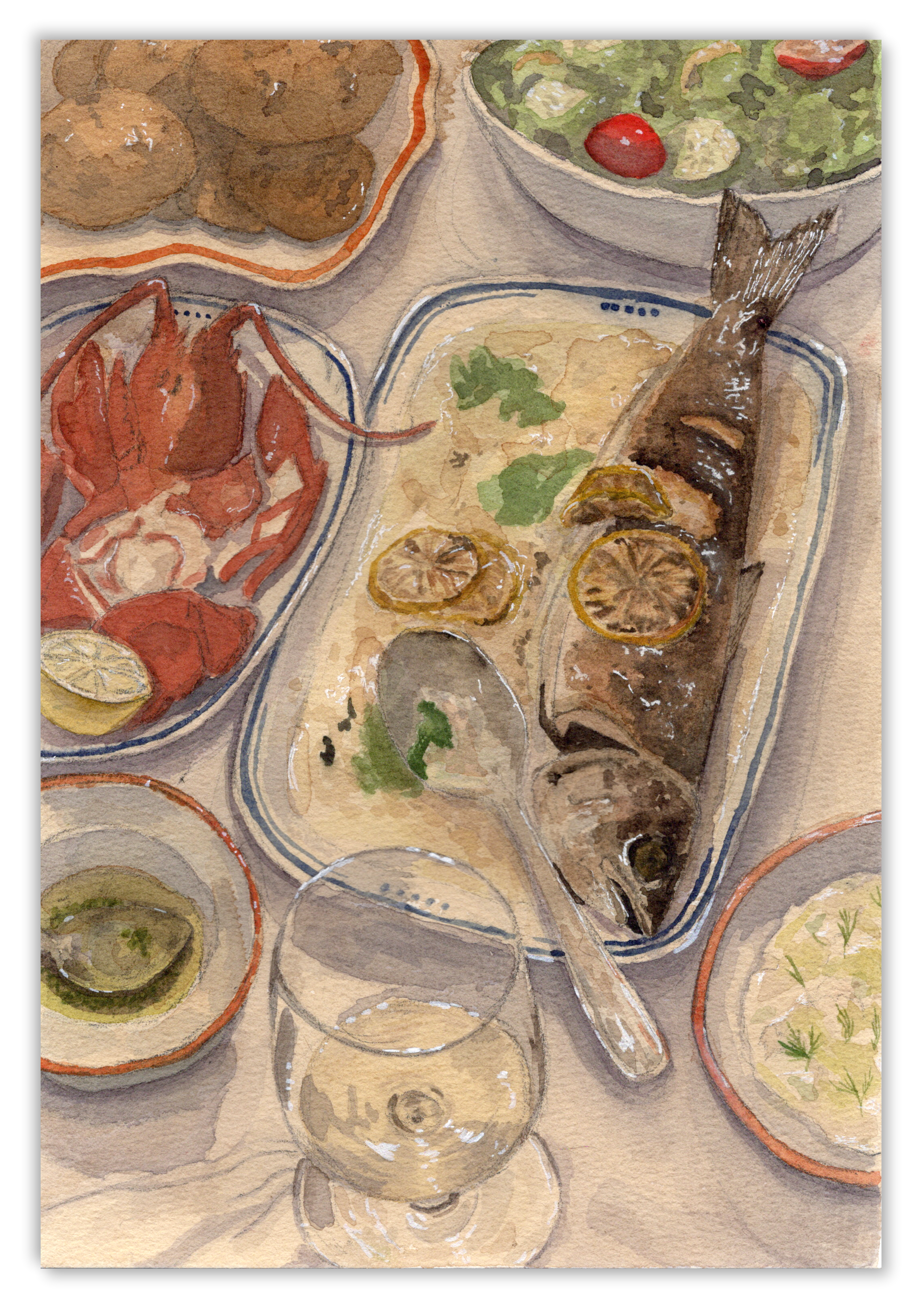 A watercolor-style painting of a seafood dinner table setting, featuring a whole cooked fish on a platter with lemon slices, a lobster, bowls of salad and soup, a wine glass, and a tablecloth background.