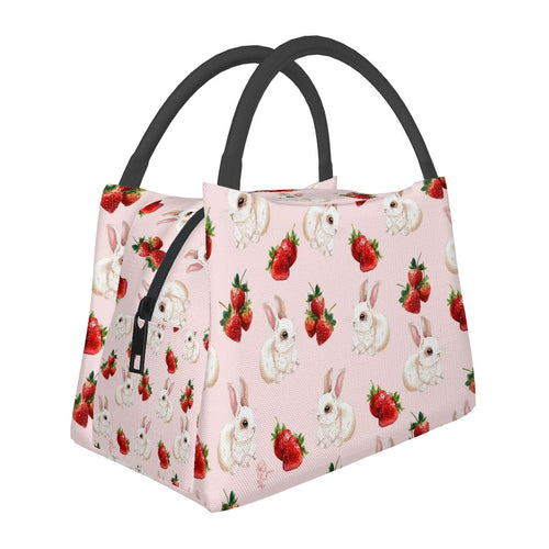 a bunny and strawberry pattern insulated lunch bag with black handles