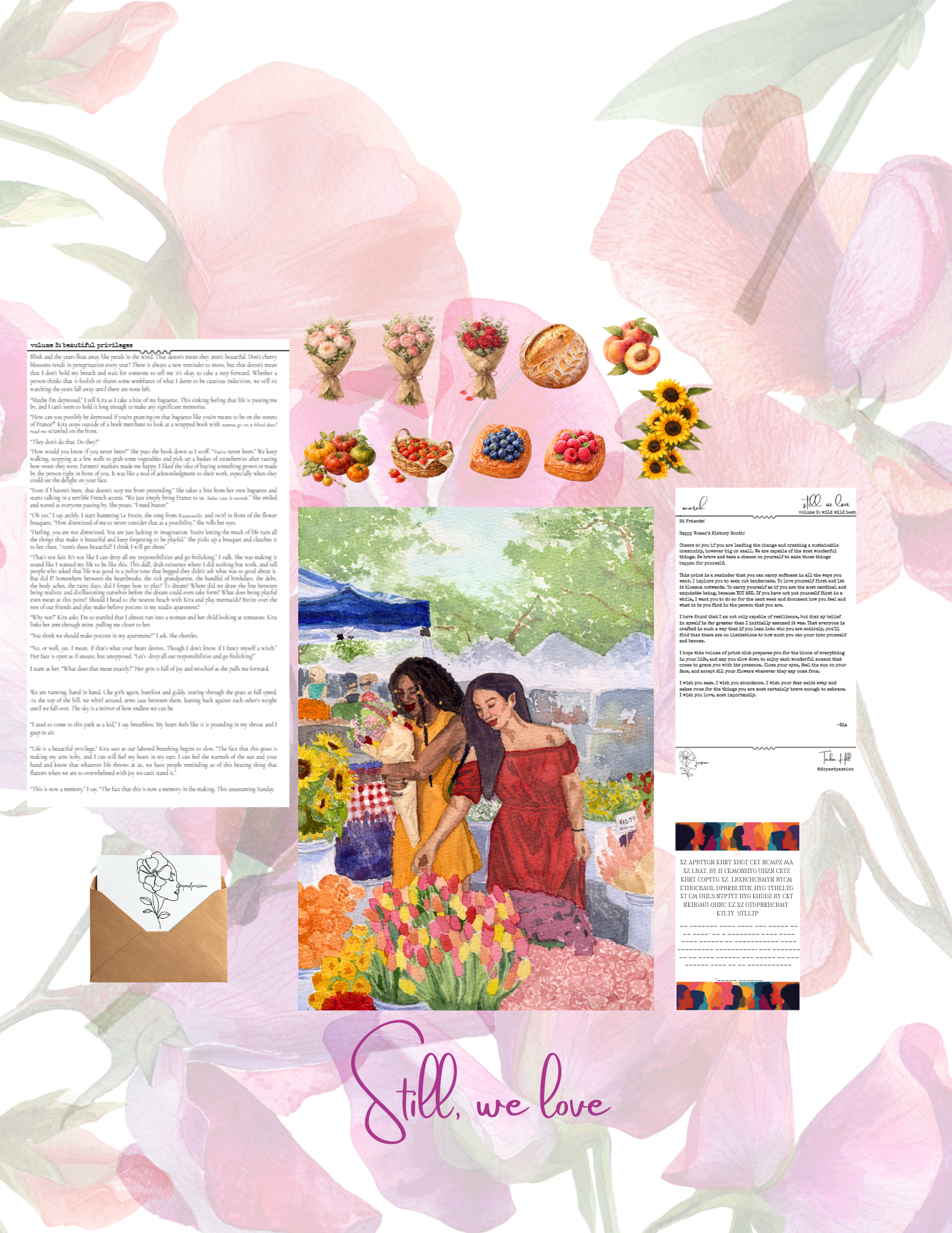 volume 3 collage with floral elements, letters, stickers, and print of people at a farmers market
