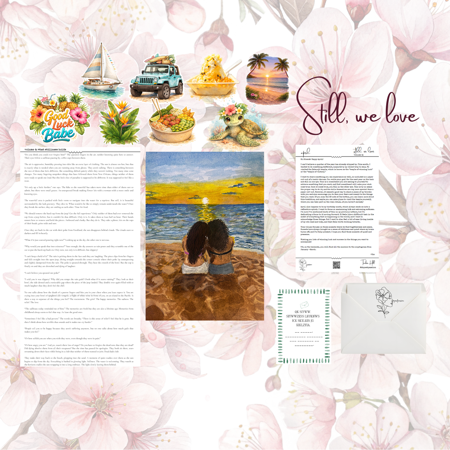 april print club - girls watching sunset, letter, story, island vibe stickers