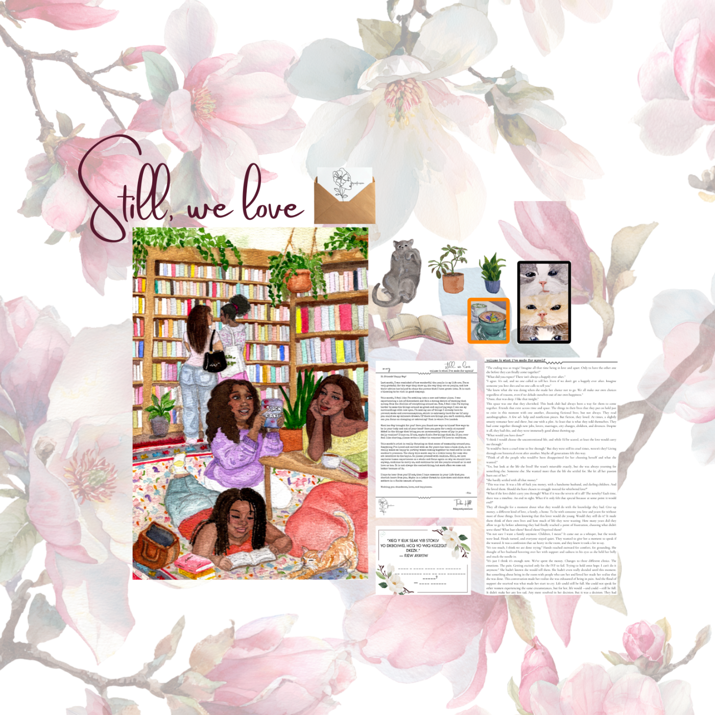print of girls surrounded by books, cat, book, and plant stickers, letter, cryptogram, story